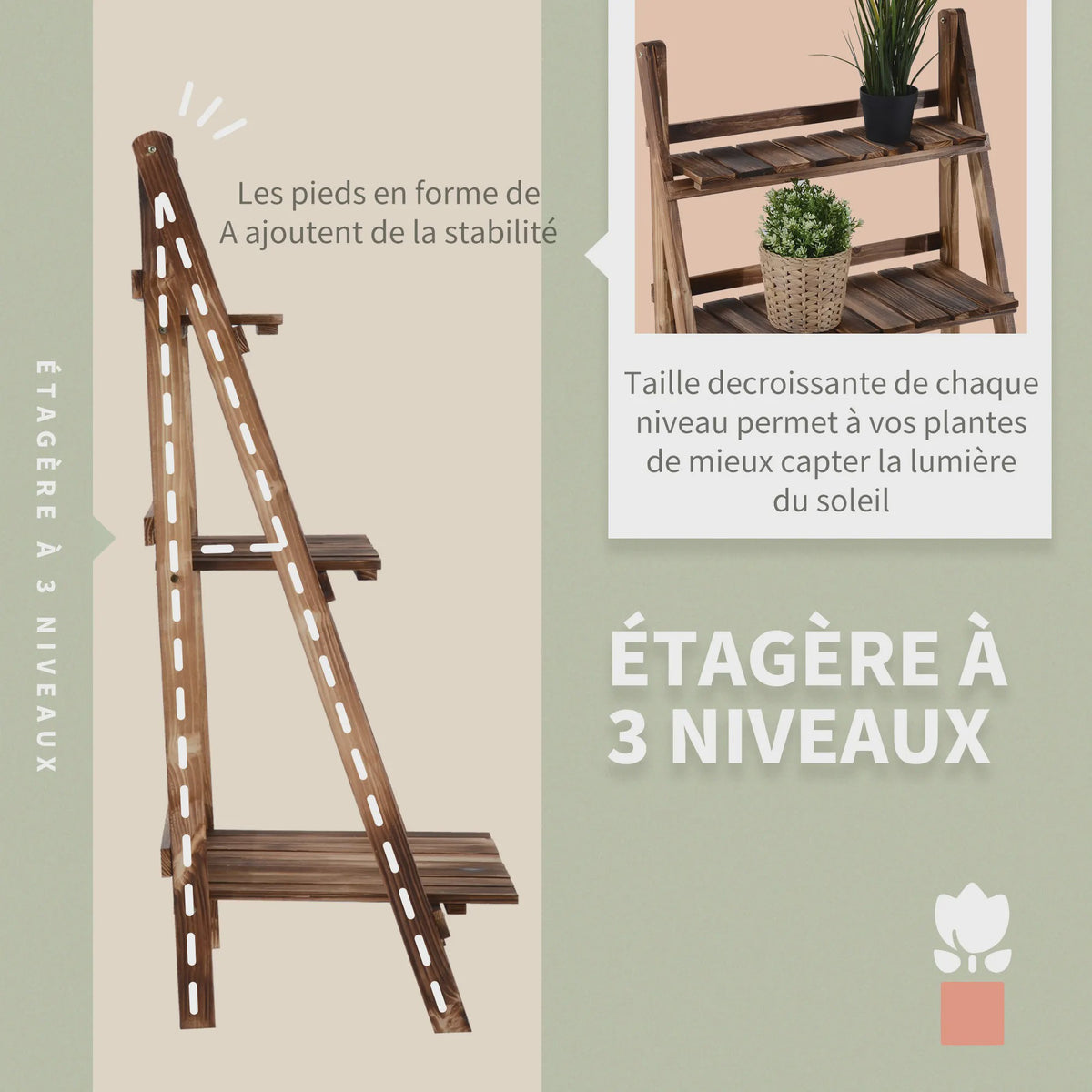 Outsunny Houten Plantenstandaard - Piramidevormig, Opvouwbaar, 3 Niveaus, 60x37x93 cm, Bruin