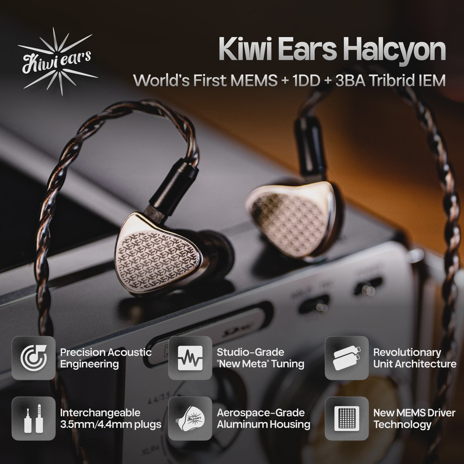 Kiwi Ears Halcyon Tribrid IEM Oordopjes met MEMS, 1DD, 3BA en Gaming Microfoon