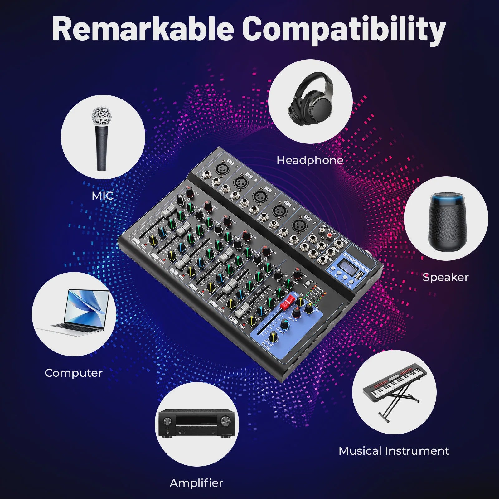 Professionele 7-Kanaals Audio Mixer voor DJ's, Live Studio & Muziekproductie