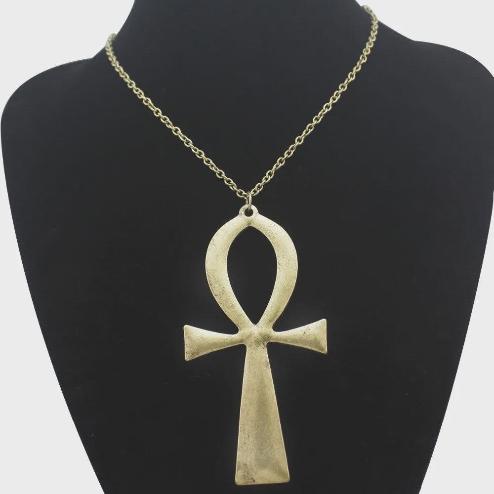 Vintage Egyptische Ankh Kruis Ketting - Grote Hanger met Lange Ketting