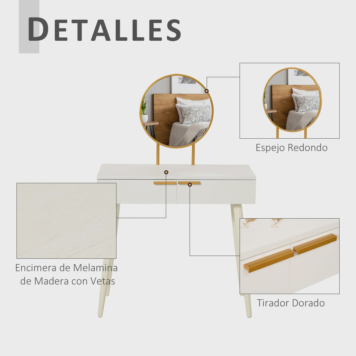 Homcom Dressing Table with Round Mirror Makeup Table with 2 Drawers Modern Style 80X40X123 cm White