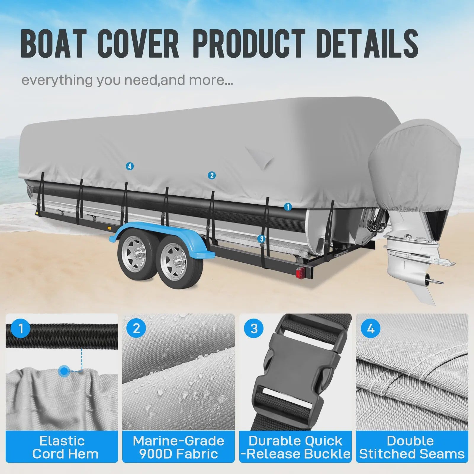 Waterdichte Pontoon Boot Trailerhoes - UV-bestendig, 300D Heavy Duty, met Motorhoes & Spanband