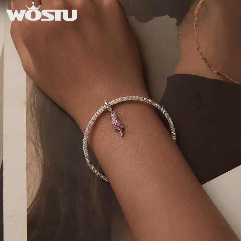 WOSTU 925 Sterling Zilver Papegaai Bedel met Roze Emaille & Kristallen - DIY Sieraden