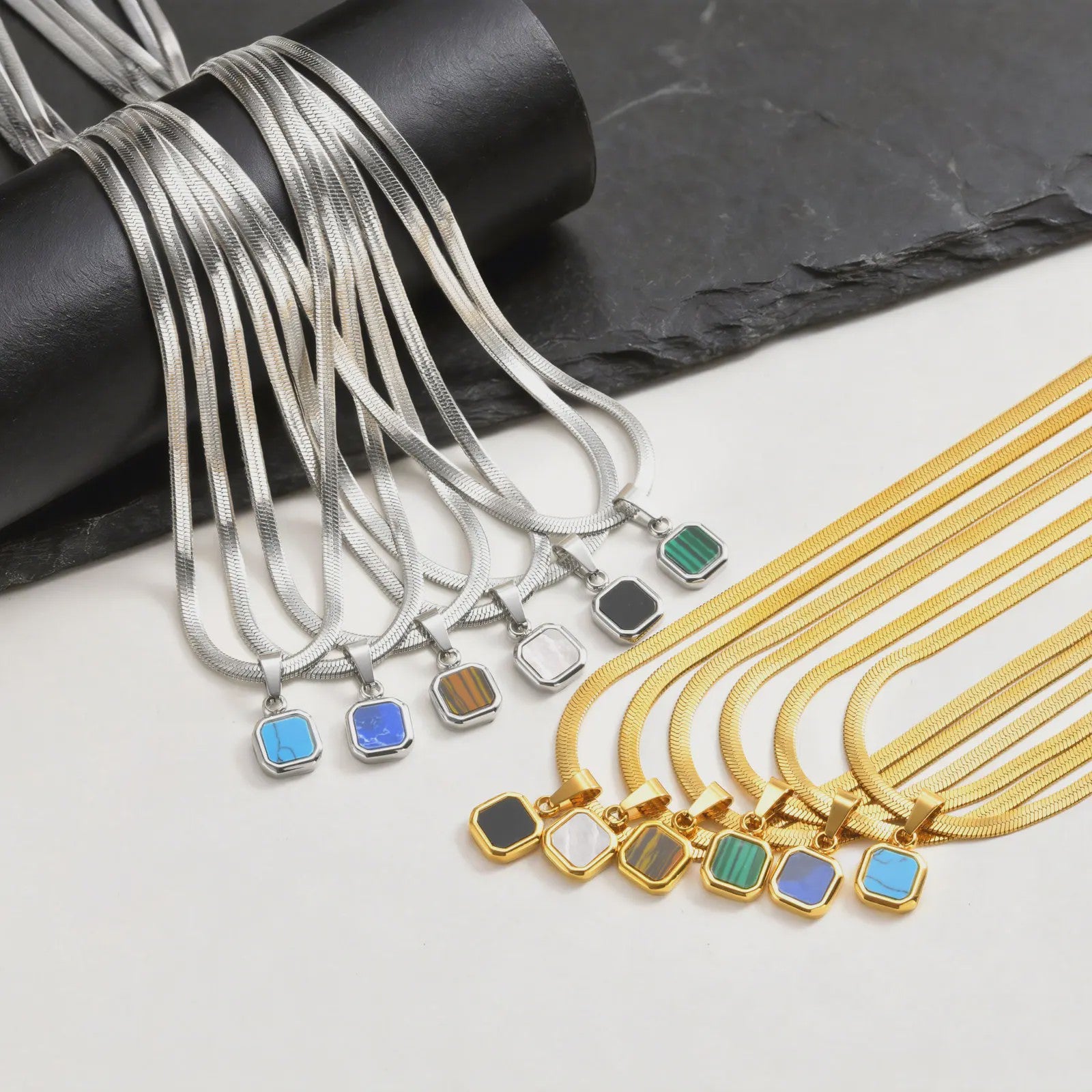 Vnox Heren Ketting met Geometrische Vierkante Natuursteen Hanger - Goud/Zilver Kleur Roestvrij Staal Blade Ketting