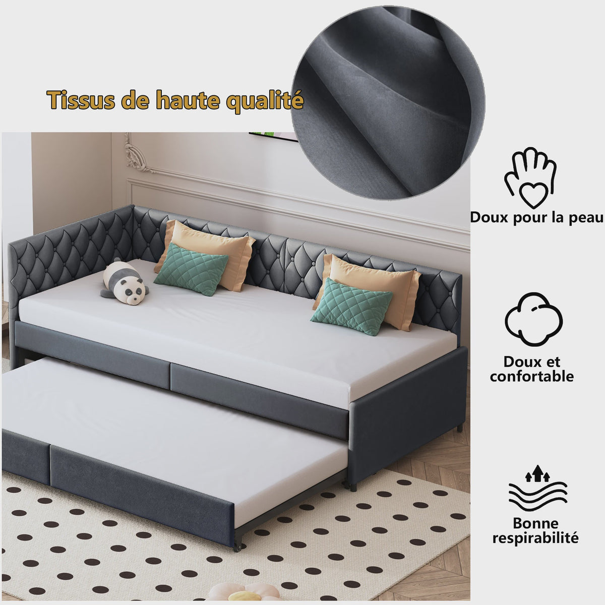 Gestoffeerd Daybed 90x200 cm met Uitschuifbaar Extra Bed - Sofa en Enkel Bed