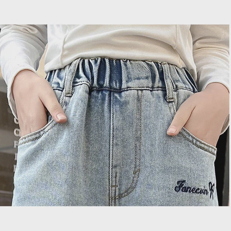 Modieuze Jeans met Strikjesprint voor Meisjes (4-14 jaar) - Wijde Pijpen Denim Broek