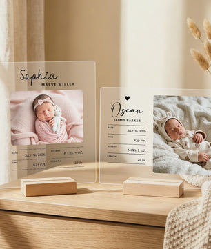 Gepersonaliseerd Geboortebord met Babyfoto & Geboortegegevens - Acryl & Hout