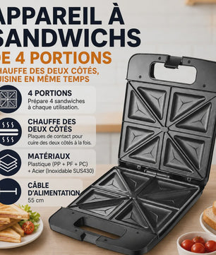 Zwarte Sandwichmaker 1400W - 4 Sandwiches, Dubbelzijdig Verwarmen, Anti-aanbakplaten