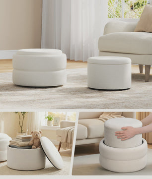 Set van 2 Witte Fluweel Zachte Ottomans met Verborgen Opbergruimte en Stapelbaar Design