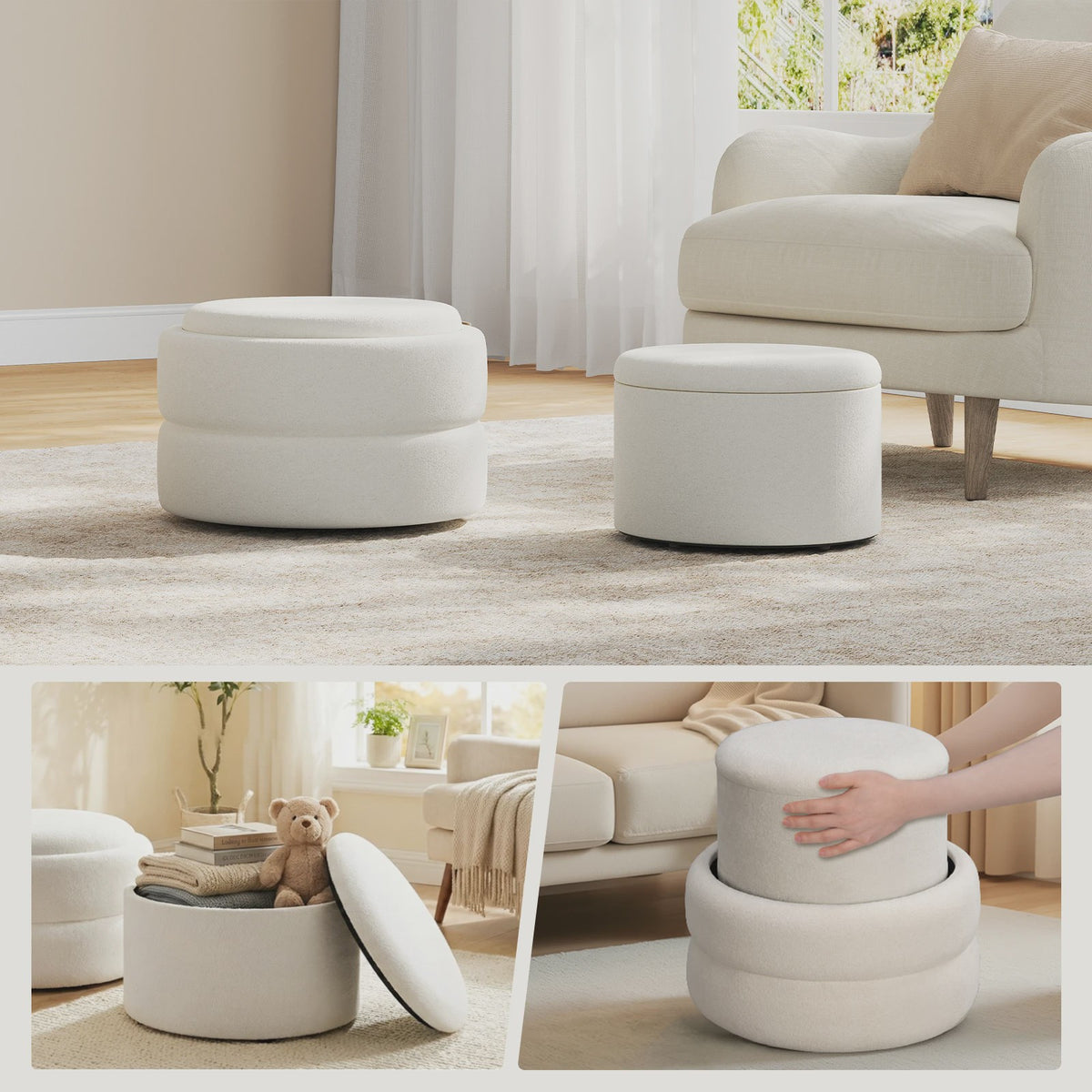 Set van 2 Witte Fluweel Zachte Ottomans met Verborgen Opbergruimte en Stapelbaar Design