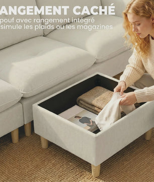 HOMCOM 3-zits bank met opbergpouf - Verstelbare hoek, brede zitting, linnenlook stof, crème