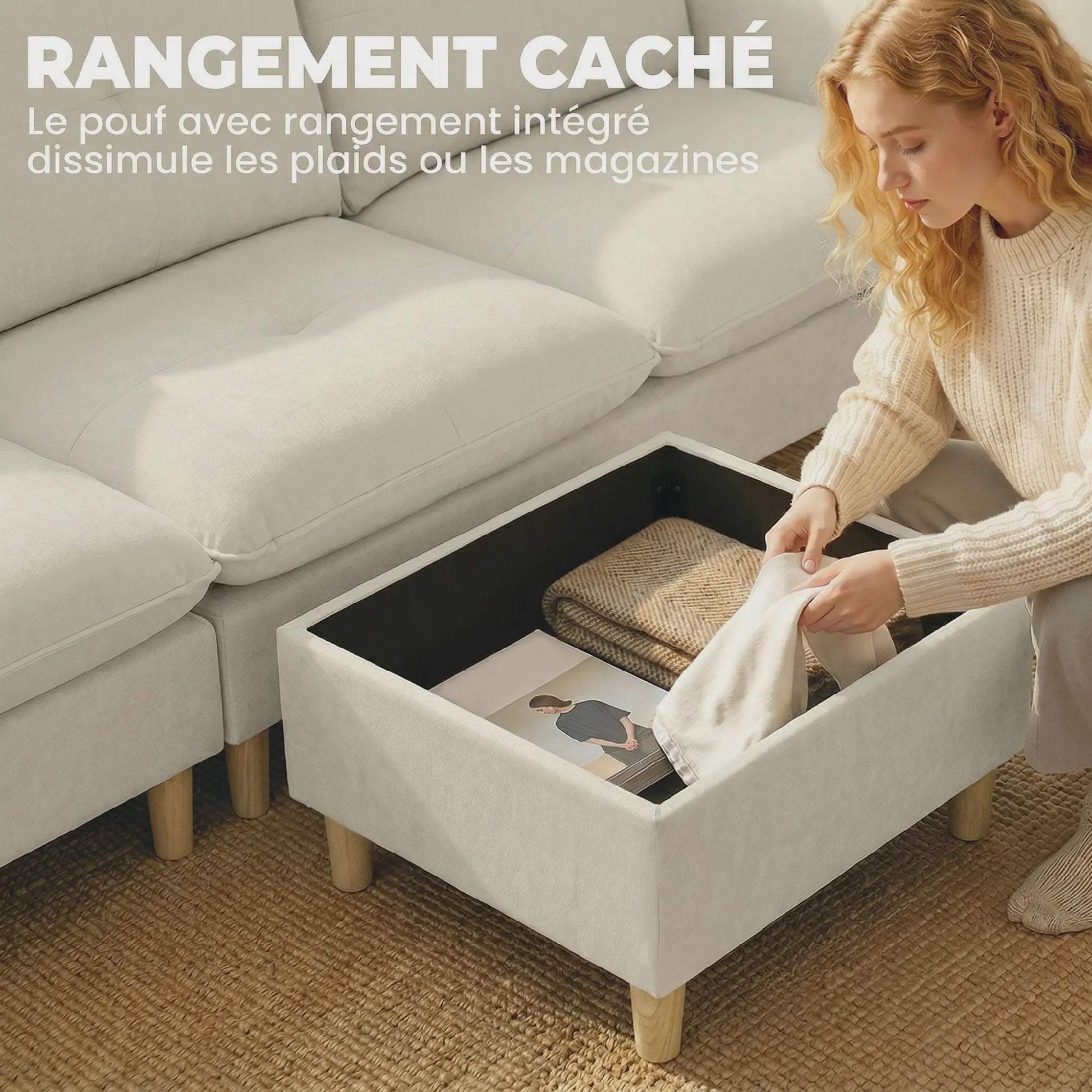 HOMCOM 3-zits bank met opbergpouf - Verstelbare hoek, brede zitting, linnenlook stof, crème