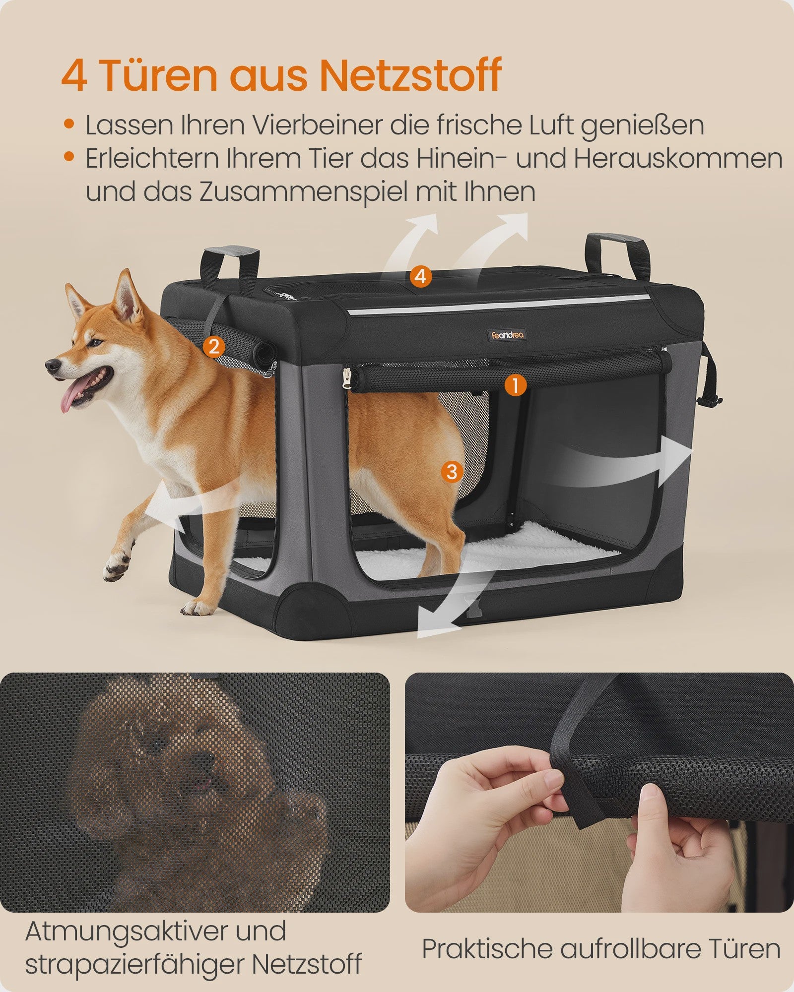 FEANDREA Opvouwbare Honden Transportbox - Oxford Stof, 4 Mesh Deuren, Medium Honden, Zwart