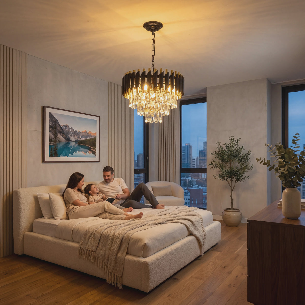 Luxe Zwarte & Gouden Kristallen Kroonluchter met Verstelbare Ketting - Stijlvolle Hanglamp
