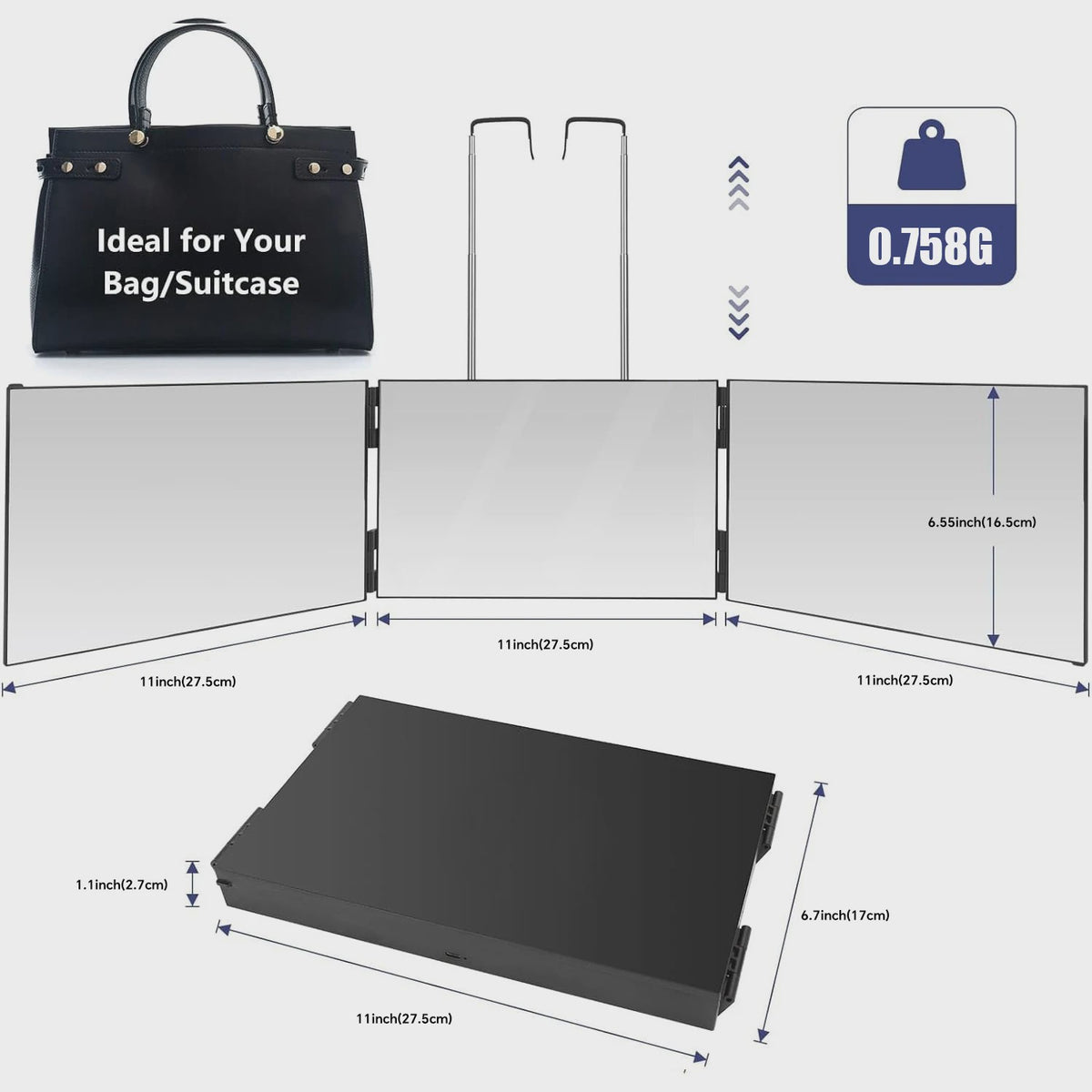 Draagbare Trifold Make-up Spiegel met Verstelbare Haak - Perfect voor Zelf Knippen, Scheren & Cadeaus
