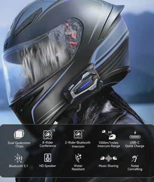 LEXIN G10 Motorhelm Intercom Systeem - 8 Rijders, Bluetooth 5.1, Parallel Audio & Muziek Delen