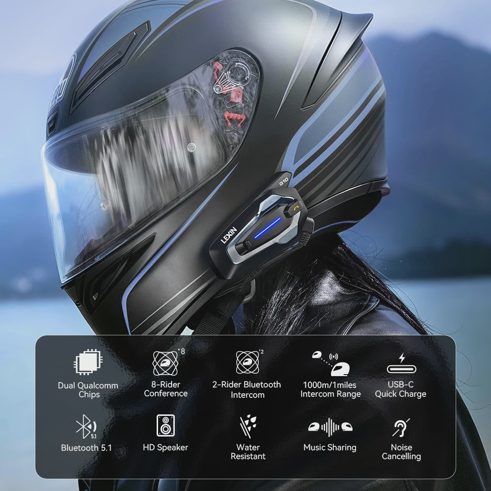 LEXIN G10 Motorhelm Intercom Systeem - 8 Rijders, Bluetooth 5.1, Parallel Audio & Muziek Delen