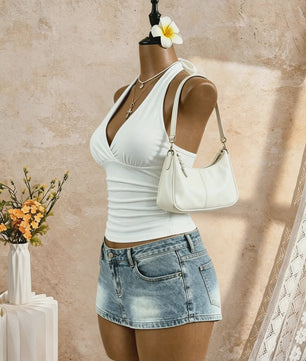 2-Pack Dames Crop Top met Halternek, Diepe V-hals en Ruches - Zomer Y2K Stijl