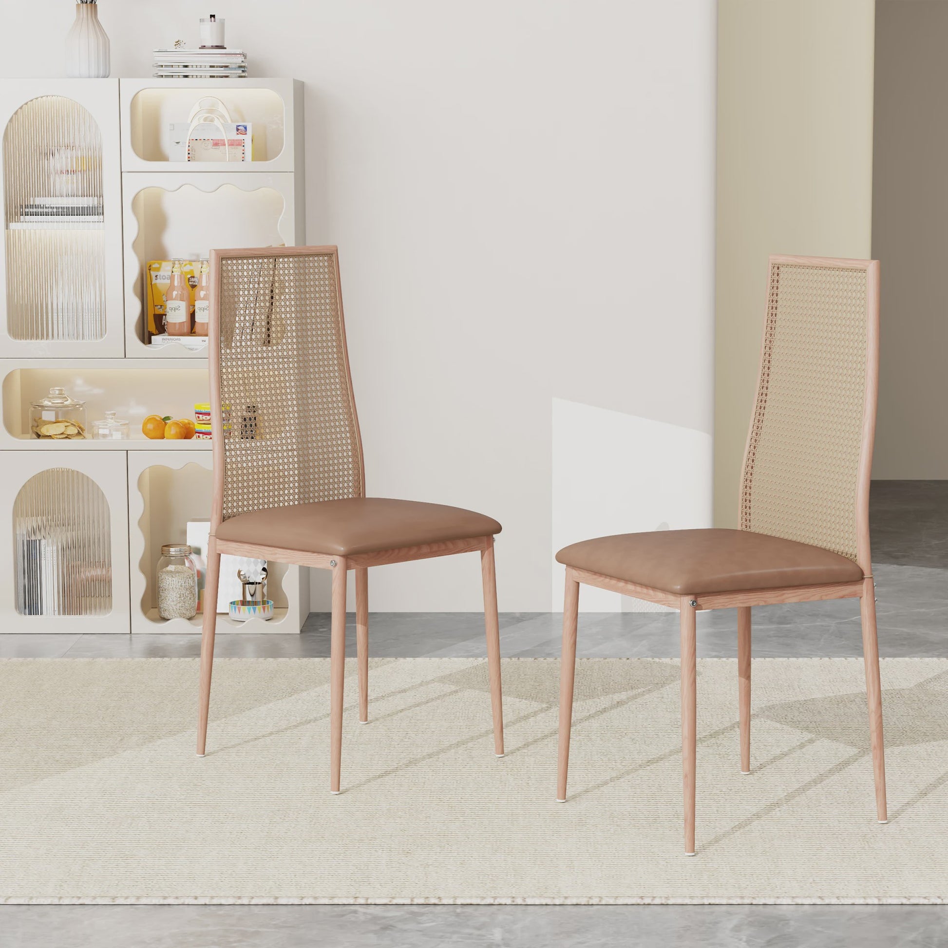 Set van 2 Eetkamerstoelen met Rotan Rugleuning - Vintage Design - Zwart/Houtkleur
