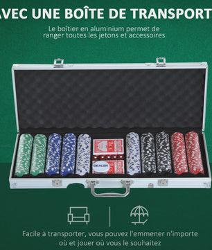Complete Poker Set met 500 Chips, Kaarten, Dobbelstenen en Aluminium Koffer