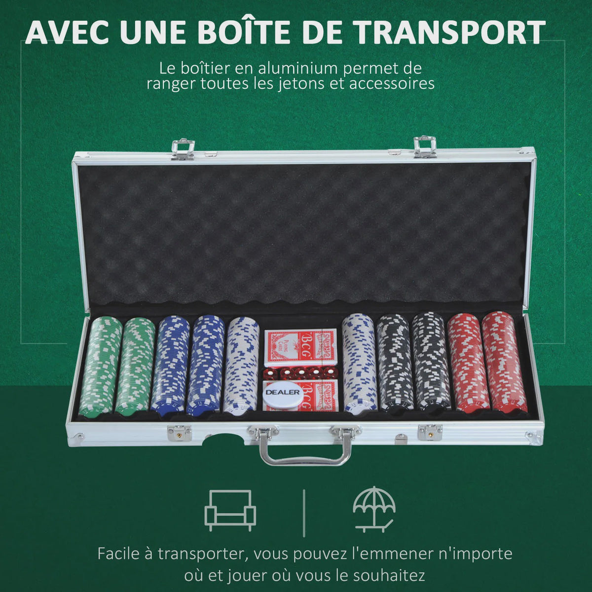 Complete Poker Set met 500 Chips, Kaarten, Dobbelstenen en Aluminium Koffer
