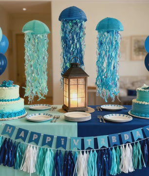 3x Blauwe Kwallen Lampionnen - Feestdecoratie Zee Thema Verjaardag & Babyshower