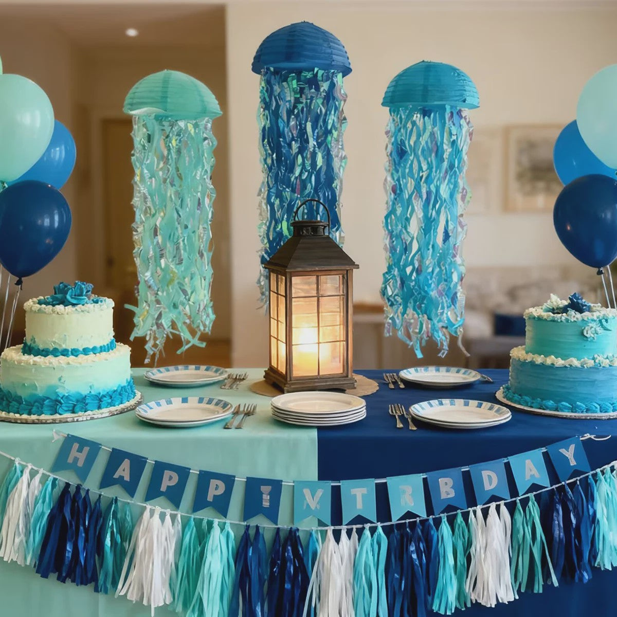3x Blauwe Kwallen Lampionnen - Feestdecoratie Zee Thema Verjaardag & Babyshower
