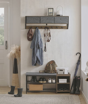 Vintage Wandkapstok met 3 Opbergmanden en 7 Haken - Hal Garderobe