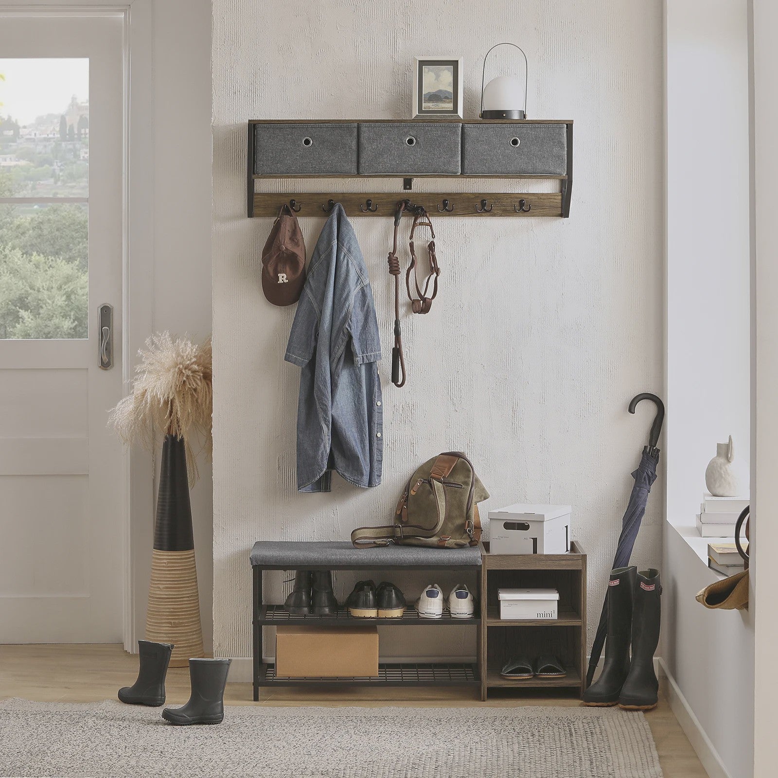 Vintage Wandkapstok met 3 Opbergmanden en 7 Haken - Hal Garderobe