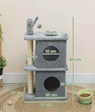 PawHut 3 Tier cat Tree Height 80 cm, Catchered Barb for Cats with 2 niches and Comfortable Roing surface, removable ball, sisal post and soft Plush, for animal 5 kg dark gray