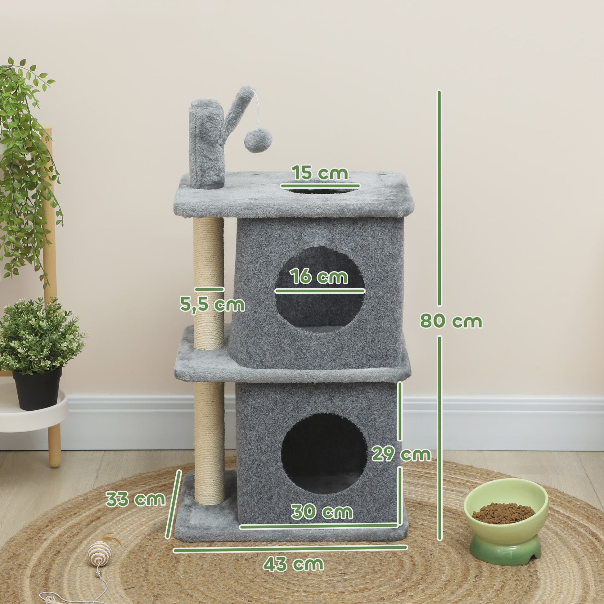 PawHut 3 Tier cat Tree Height 80 cm, Catchered Barb for Cats with 2 niches and Comfortable Roing surface, removable ball, sisal post and soft Plush, for animal 5 kg dark gray