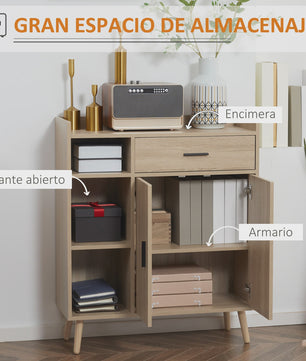 Modern Woonkamer Sideboard met 2 Deuren, 1 Lade en 3 Open Vakken - Natuurlijk Eikenhout - 80x30x96.5 cm