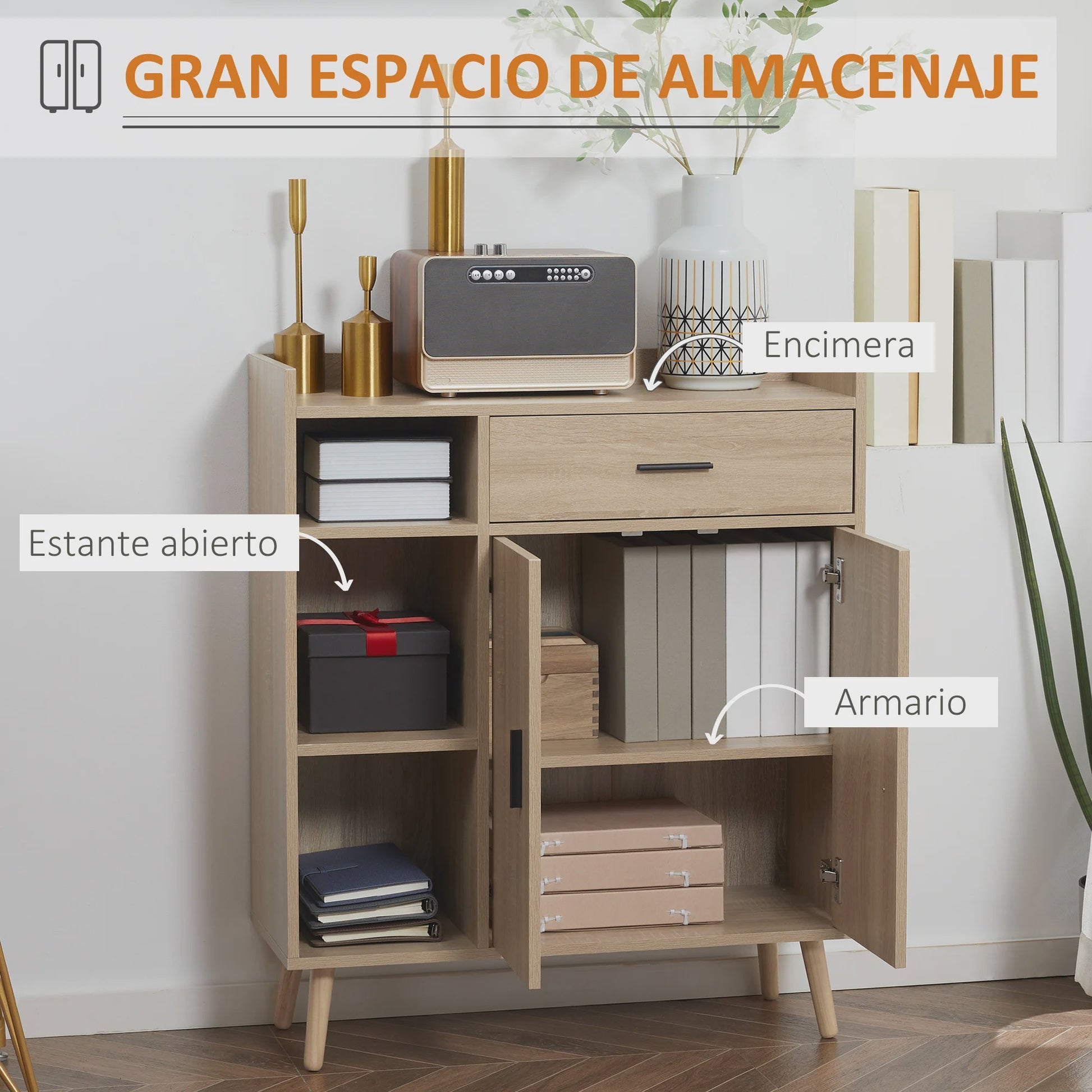Modern Woonkamer Sideboard met 2 Deuren, 1 Lade en 3 Open Vakken - Natuurlijk Eikenhout - 80x30x96.5 cm