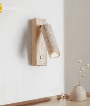 Wabi-Sabi Wandlamp Natuurlijk Geel Travertin Steen met Houten Basis & Draaibare Kap