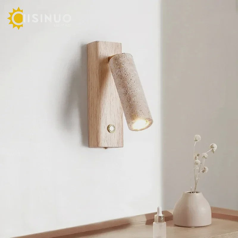 Wabi-Sabi Wandlamp Natuurlijk Geel Travertin Steen met Houten Basis & Draaibare Kap
