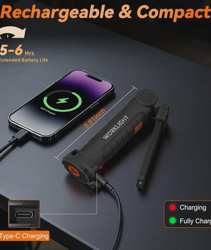 360° Draaibare LED Werklamp met 5 Modi, USB Oplaadbaar, Magneetvoet & Haak