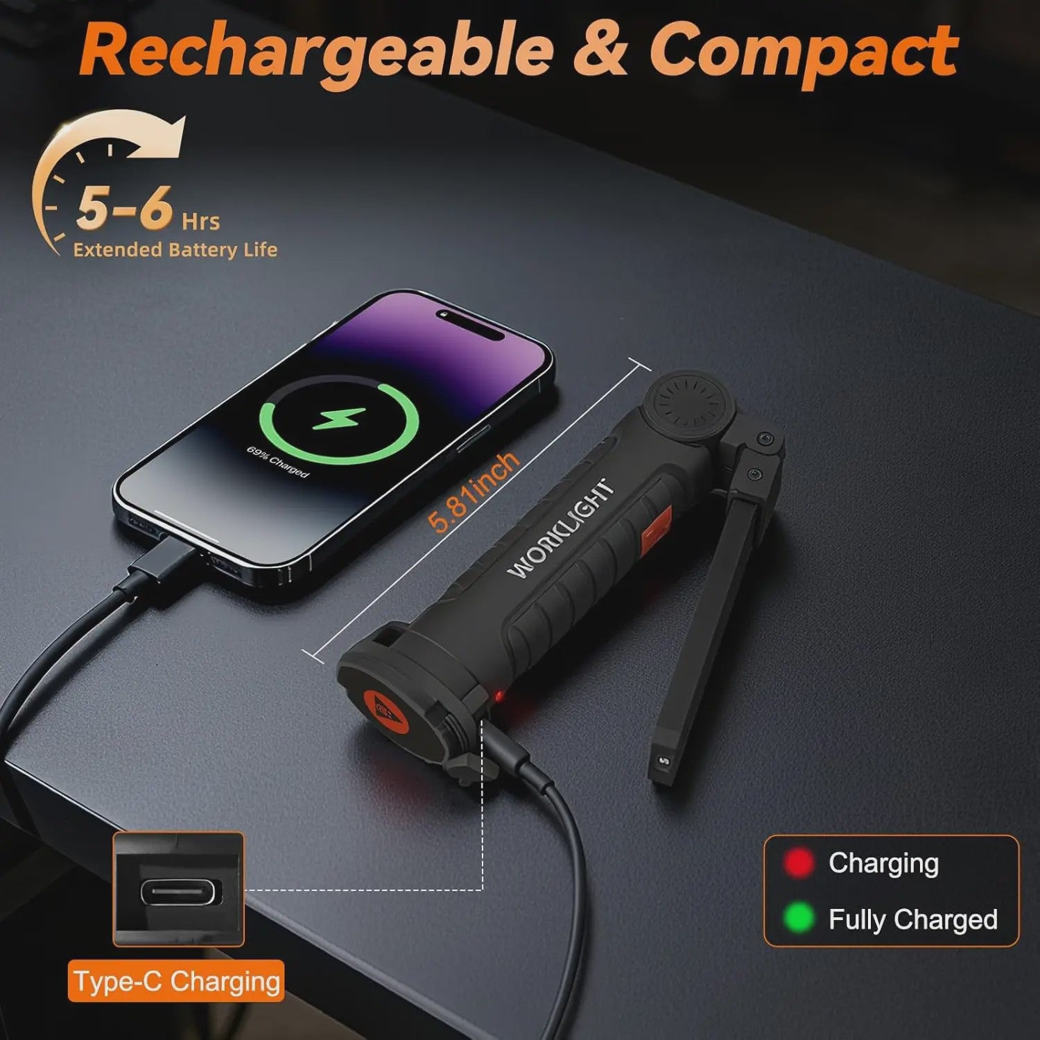 360° Draaibare LED Werklamp met 5 Modi, USB Oplaadbaar, Magneetvoet & Haak