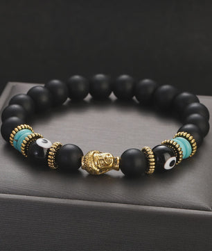 Handgemaakte Buddha & Evil Eye Armband met Turkoois Blauwe Stenen - Elastisch, Yoga Stijl
