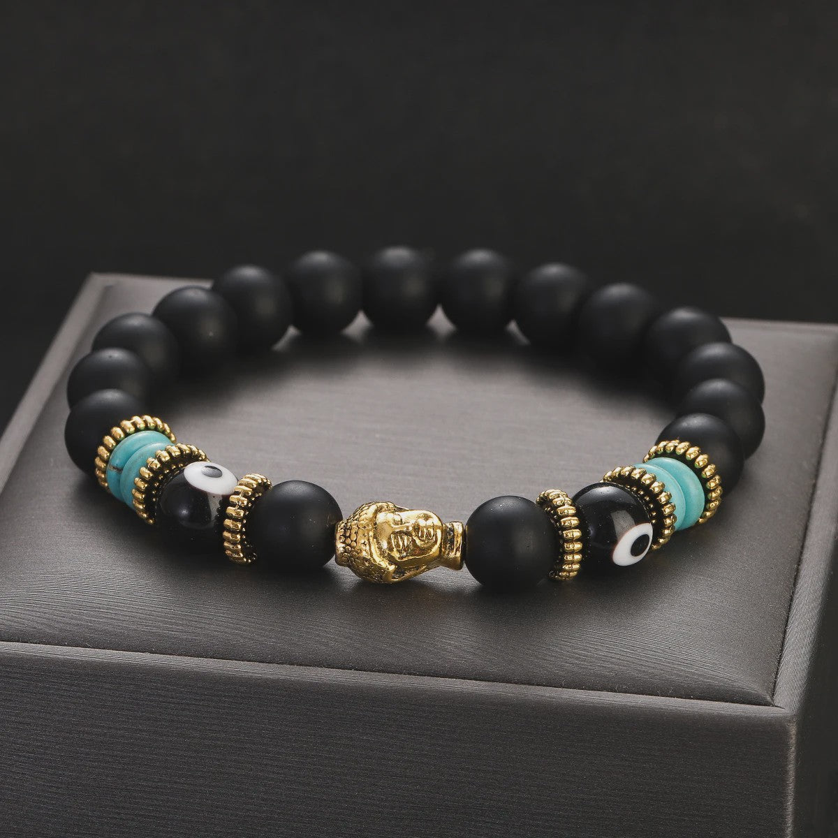 Handgemaakte Buddha & Evil Eye Armband met Turkoois Blauwe Stenen - Elastisch, Yoga Stijl