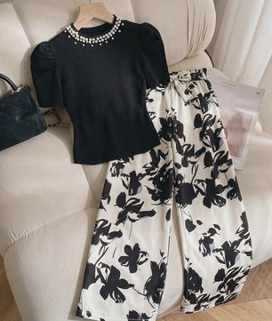 Zomerse Outfit Set Meisjes: Zwart T-shirt met Pareldecoratie & Bloemige Wijde Broek - 2-delig Pak voor Kinderen & Tieners (5-13 jaar)
