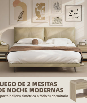 Set van 2 Scandinavische Nachtkastjes met Ronde Hoeken, Lade en Open Vak - 40x35x45 cm Naturel