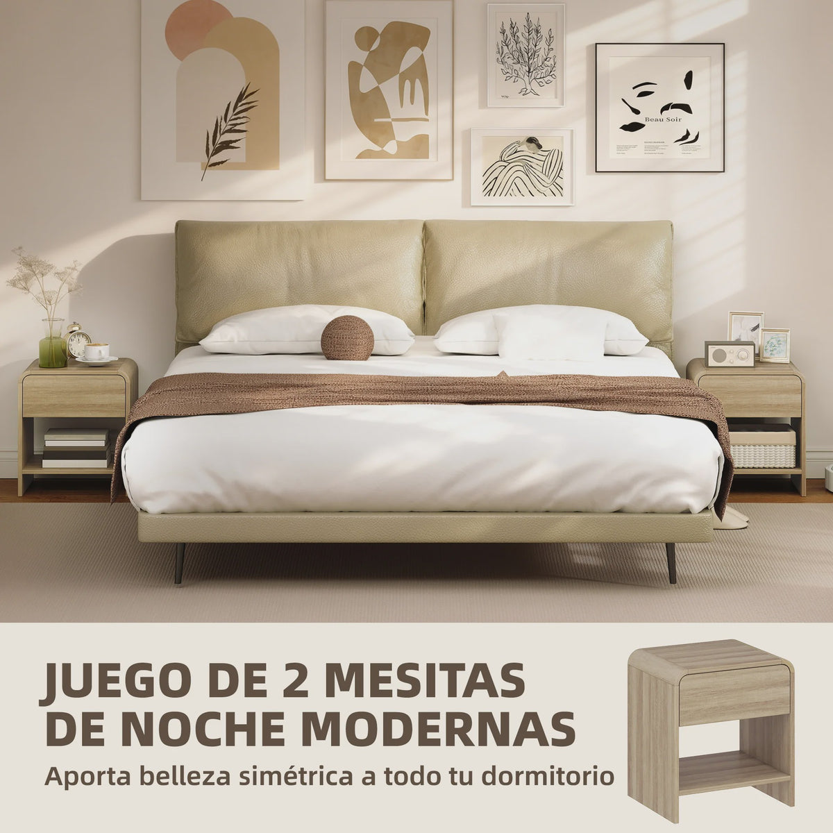 Set van 2 Scandinavische Nachtkastjes met Ronde Hoeken, Lade en Open Vak - 40x35x45 cm Naturel