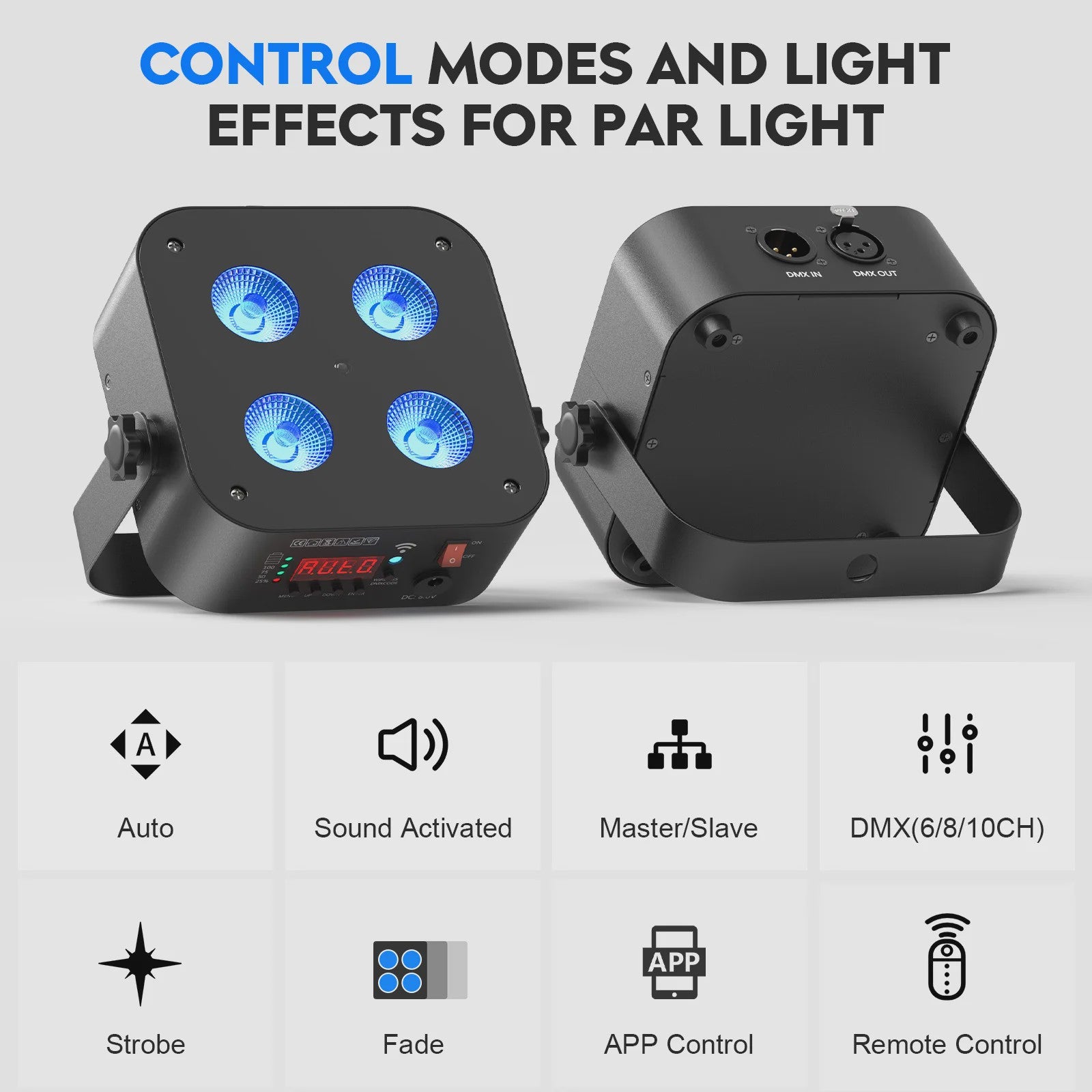 Set van 8 Oplaadbare Mini Par LED Spots (4x18W RGBWAUV) met Flightcase