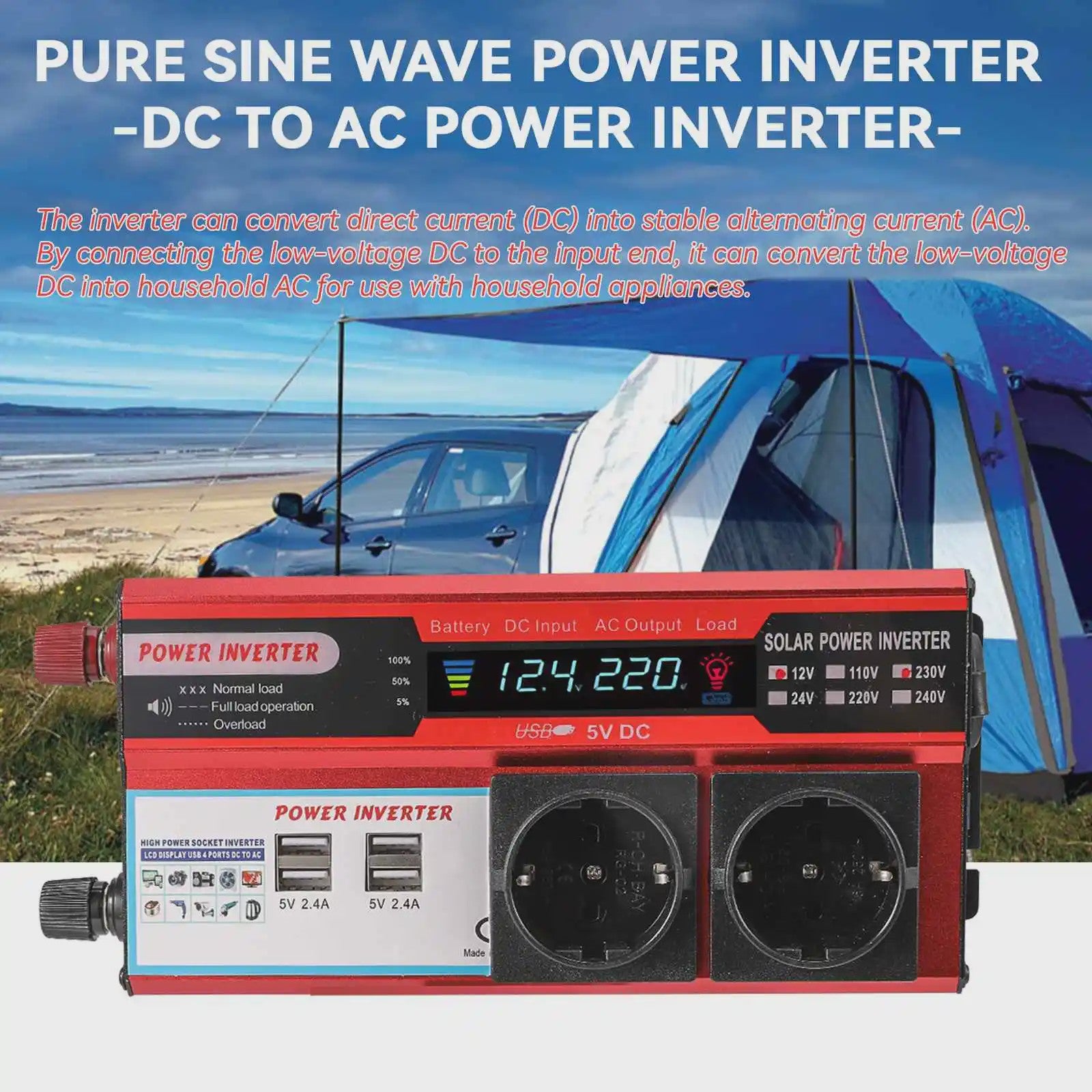 Krachtige 4000W/3000W Power Inverter: 12V DC naar 220V/230V AC met 4 USB & LED Display