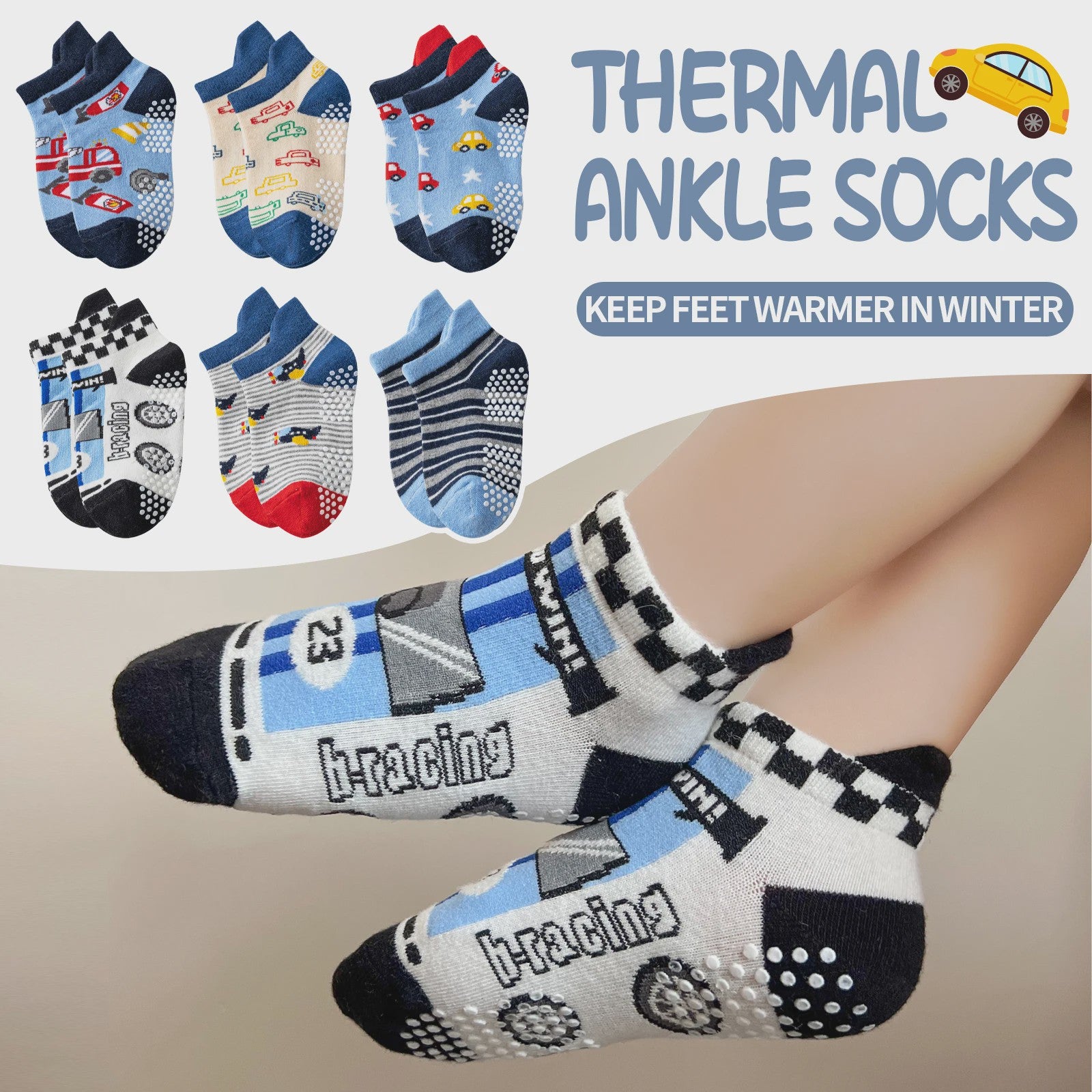 9 Paar Babysokken Jongens - Antislip Enkel Sokken met Auto Print & Grip - Katoen
