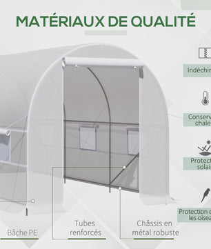 Outsunny greenhouse 8 sqm garden tunnel, tunnel greenhouse garden 400x200x cm with door and 6 windows, for outside, all seasons, vegetables, fruits, flowers, tarpaulin PE high density 140g/m² White