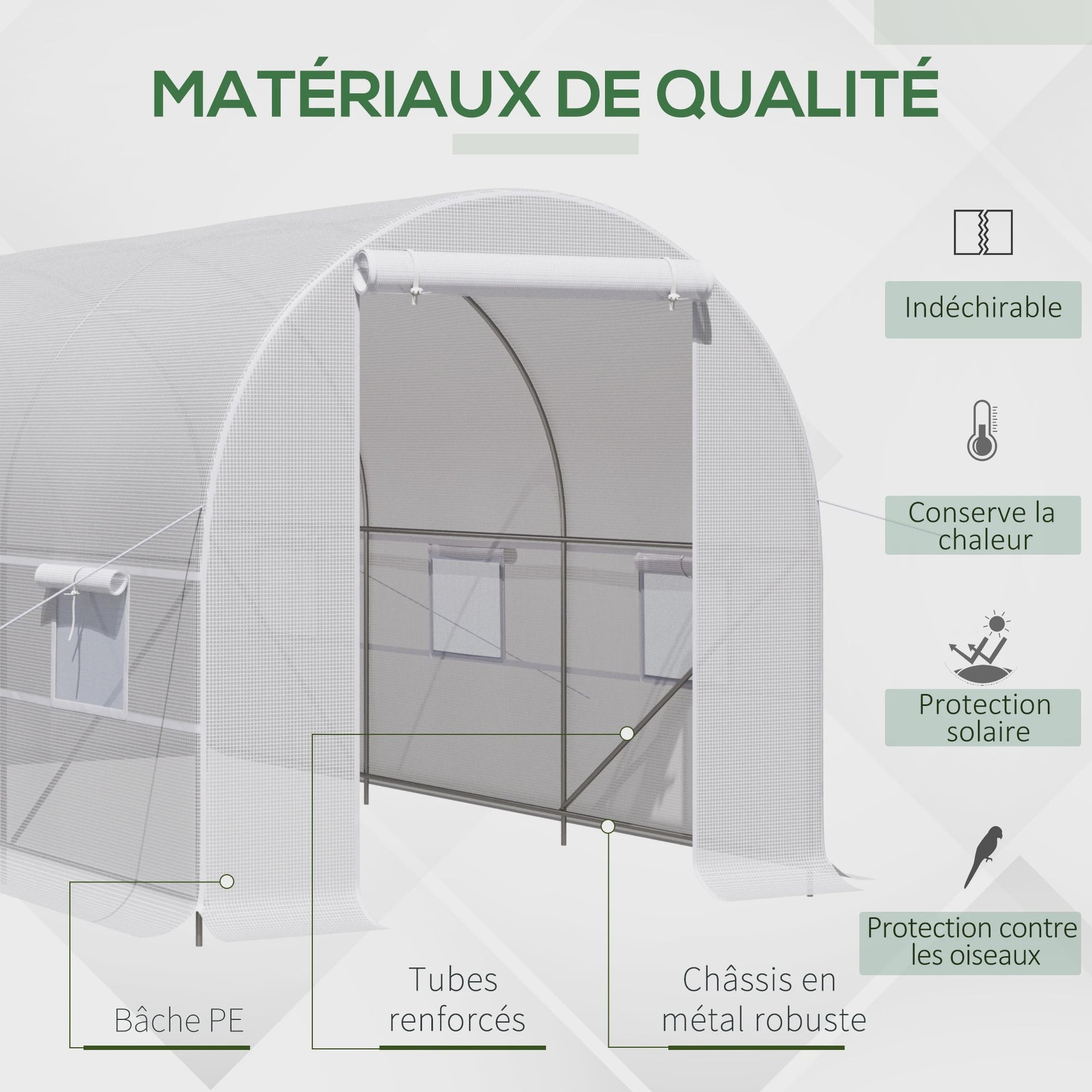 Outsunny greenhouse 8 sqm garden tunnel, tunnel greenhouse garden 400x200x cm with door and 6 windows, for outside, all seasons, vegetables, fruits, flowers, tarpaulin PE high density 140g/m² White