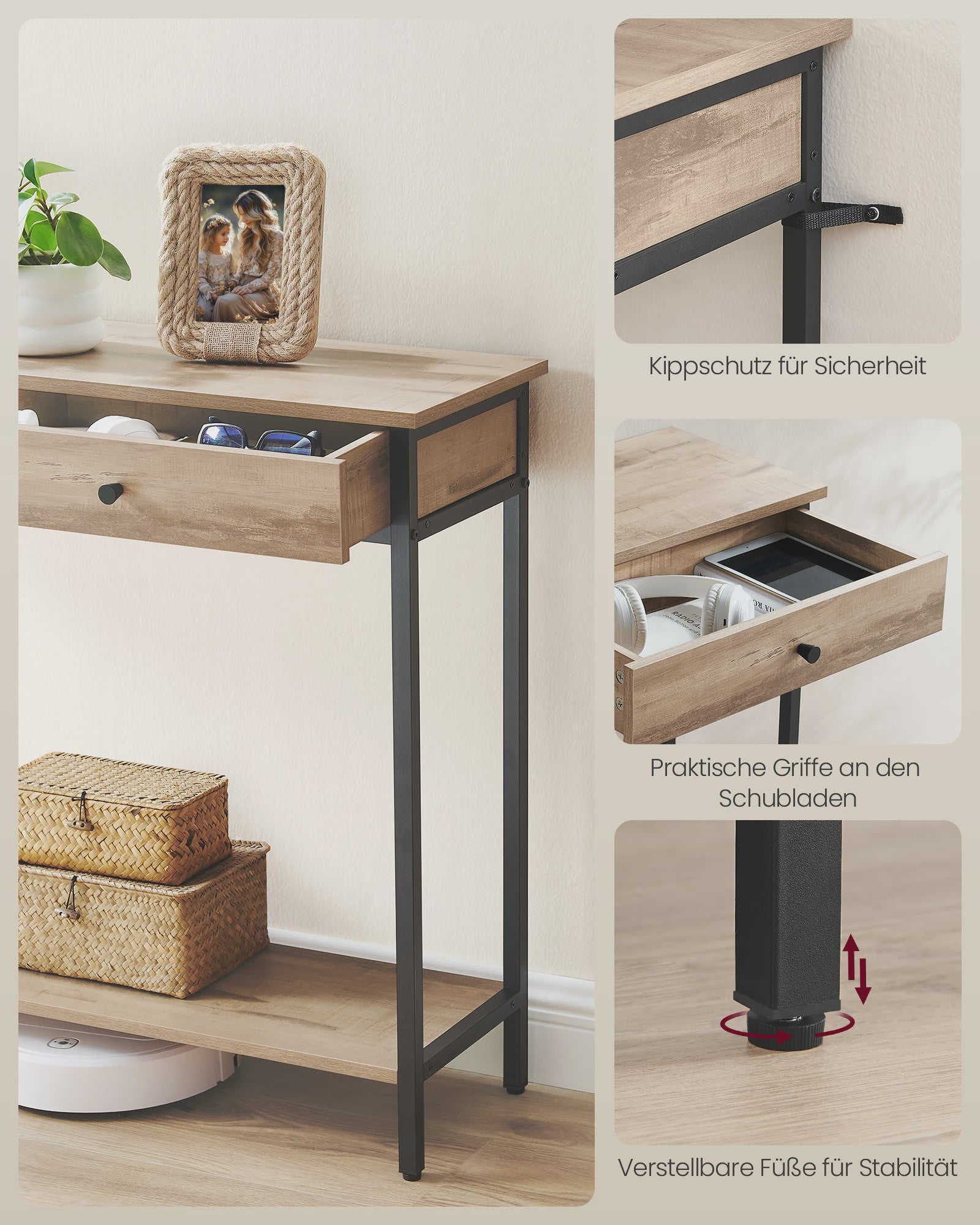 VASAGLE Console Tafel met 2 Lades en Open Plank - Stijlvolle Halmeubel
