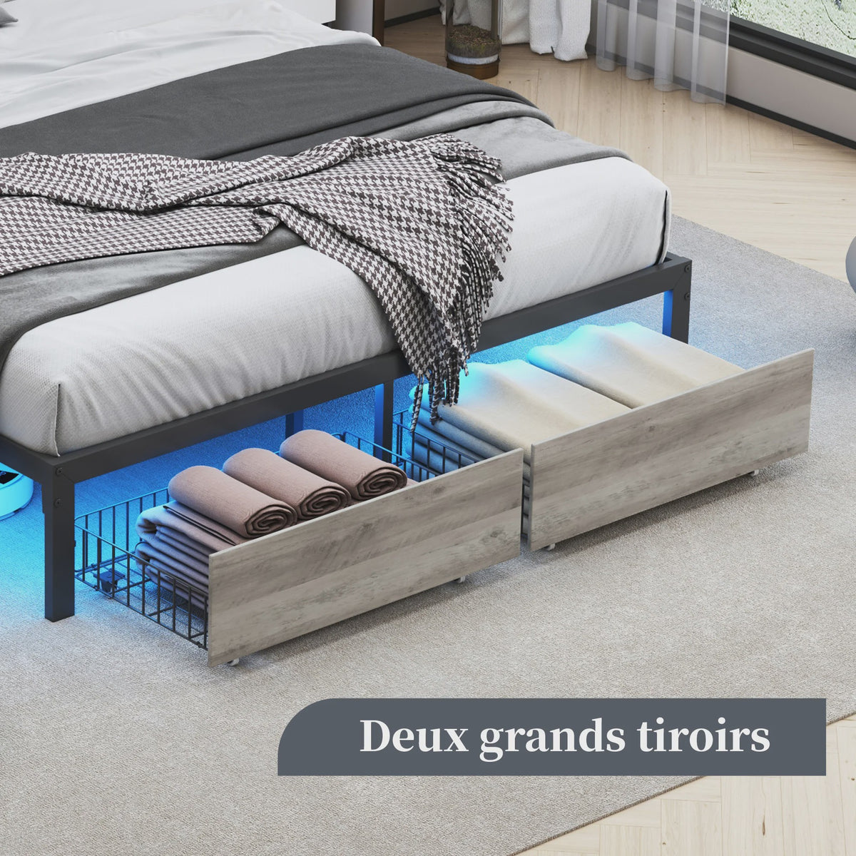 Gestoffeerd Dubbel Bedframe met 2 Lades en LED Verlichting - 140/160/180x200cm