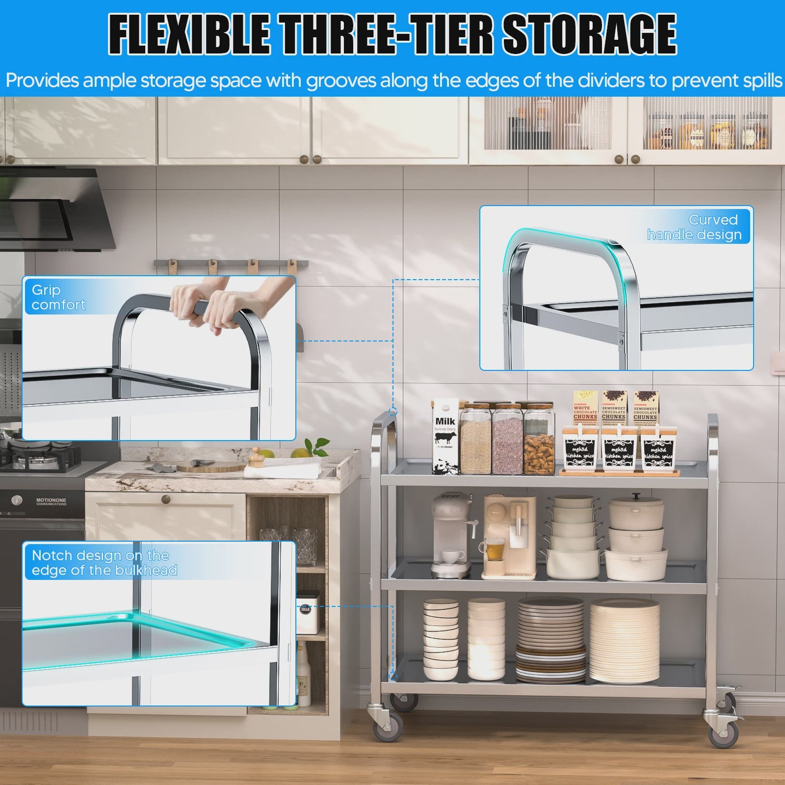 Professionele 3-Laags RVS Trolley met Wielen - Stil en Duurzaam voor Keuken, Kliniek en Salon